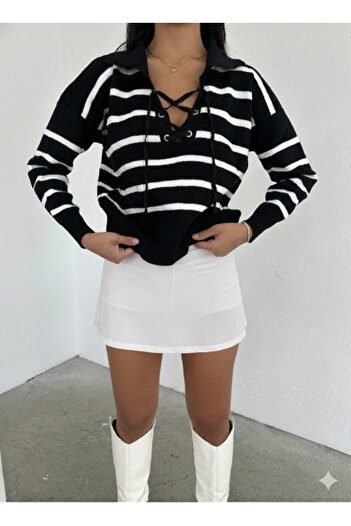 Melff Women's Striped Lace-Up Polo Neck Knitwear Sweater