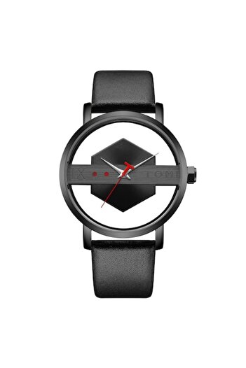 Tomi - Transparent wristwatch with double glass, analog quartz, genuine leather strap, unisex, black