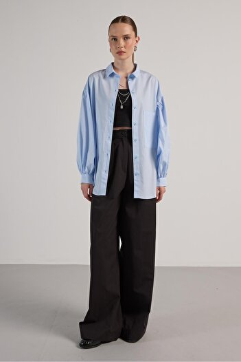 minaaise Women's Blue Pleated Pocket Detailed Oversize Shirt 30062