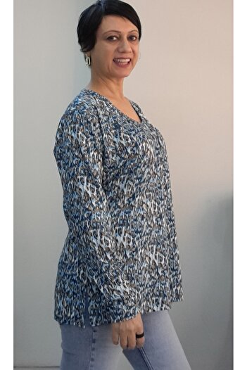 Mertcan Butik Round Neck Blue Latte Indigo Patterned Long-Sleeved Combed Viscose T-Shirt with Gathered Front