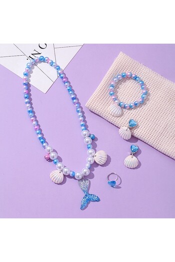 Tessero Girls' jewelry set: necklace, bracelet, earrings & ring, mermaid tail & shells, Tessero, blue