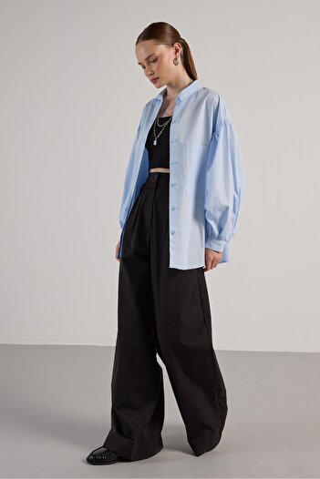 minaaise Women's Blue Pleated Pocket Detailed Oversize Shirt 30062