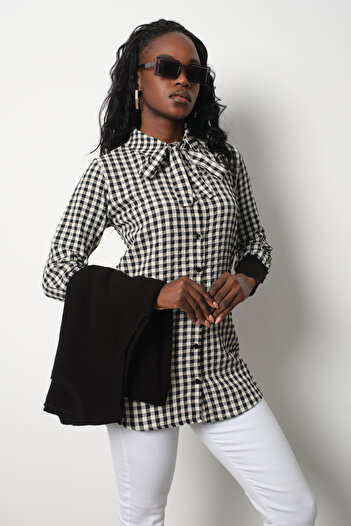 Moda Days Ribbed Knit Sweater and Checkered Shirt Two-Piece Combination