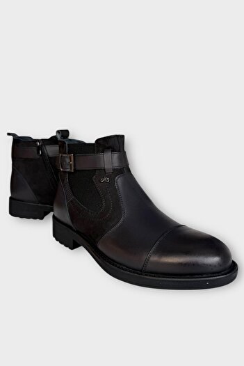 Liger Men's Genuine Leather Zippered Band Detailed Boots Black