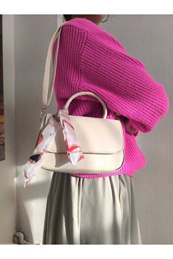 Butik Tuğbam Cream Ecru Scarf Detailed Handbag and Crossbody Shoulder Bag