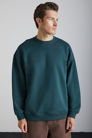 GRIMELANGE Stephan Men's Soft Fabric Organic Cotton Oversize Fit Round Neck Dark Green Sweatshirt