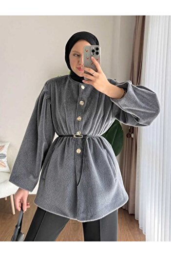 KNİTİCAL TEKSTİL Women's Trend Gold Buttoned Belted Thai Feather Jacket