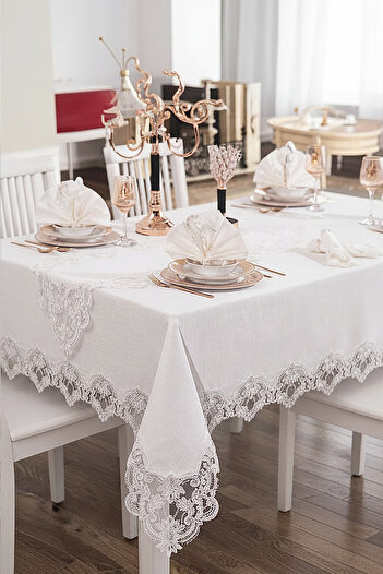 Lumelis French Guipure Tablecloth Set 26 Pieces – Linen Textured Polyester, 160X220 cm