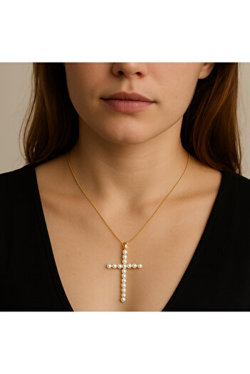 ElectraStore Gold Necklace With Cross Pendant With Pearls - C4272