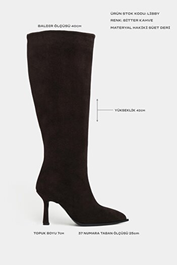NİŞANTAŞI SHOES Γυναικείες μπότες με λεπτό τακούνι Libby Bitter Brown Suede από γνήσιο δέρμα