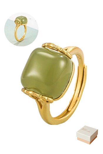 Fazza Generic Jade Ring for Women - Vintage Single Stone Halo Open Adjustable (Pale Green)