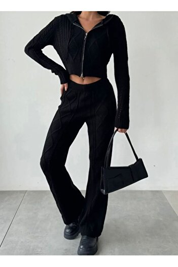 ANATOLIATEKSTILE 🧶🖤Women's Black Knitted Set – Cropped Sweatshirt with Zipper and Wide Leg Pants, Casual & Elegant