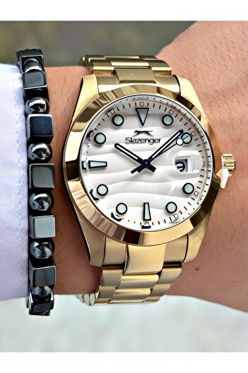 Slazenger Men's Wristwatch with Calendar Gold Color 10 Atm Water Resistance Phosphorescent Steel Case 2491.06Mr