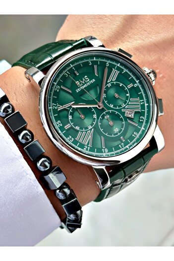 Romanson Functional Leather Cord Green Color Steel Case Men's Wristwatch 1134.15Mr
