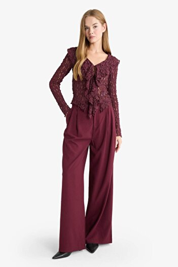 DeFacto Slim Fit Slim Fit V-Neck Flounced Lace Long Sleeve Blouse G4439Ax25Wn