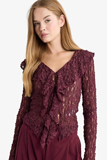 DeFacto Slim Fit Slim Fit V-Neck Flounced Lace Long Sleeve Blouse G4439Ax25Wn