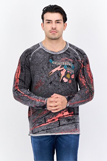 Ed Hardy Men Crew Neck Graphic Print Long Sleeves Sweater, Black Combo