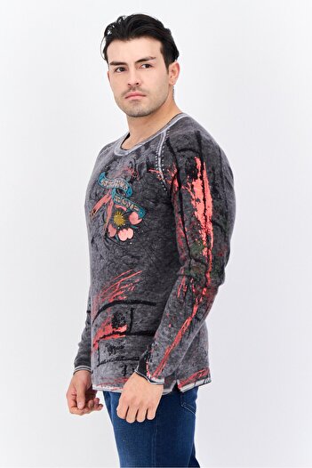 Ed Hardy Men Crew Neck Graphic Print Long Sleeves Sweater, Black Combo