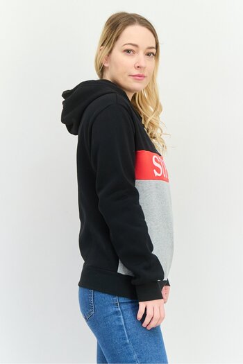 Buzz Women Hooded Graphic Print Long Sleeves Fleece Sweatshirt, Black