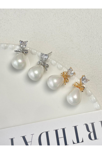 Take Two By Styli Gold Faux Pearl Bow Drop Earrings