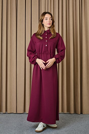 Puane Women's Waist Tunnel Snap Detailed Dress - 12655Elb - Burgundy