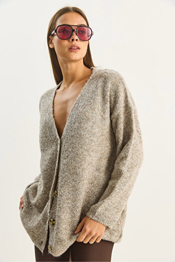 Bianco Lucci Women's V-Neck Oversize Buklet Carmen Knitwear Cardigan 2433 60283679