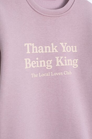 Cansın Mini Dusty Rose Letter Printed Crew Neck Girls' Raised Sweatshirt 23259