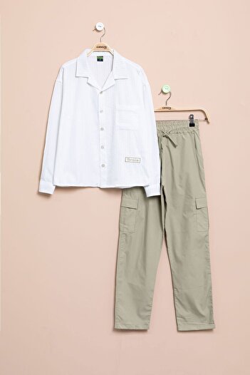 Cansın Mini Boy's 2-Piece Set with White Striped Shirt and Parachute Pants 23261