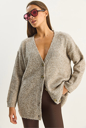 Bianco Lucci Women's V-Neck Oversize Buklet Carmen Knitwear Cardigan 2433 60283679