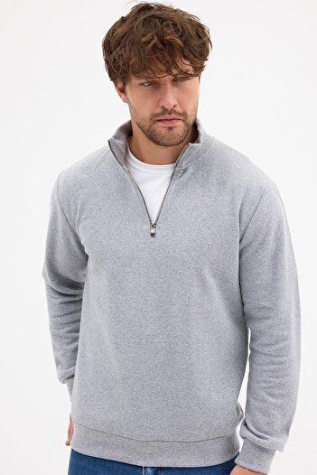mmetalic Men's Gray Standard Fit Regular Cut Cotton Half Zipper Stand Collar Cotton Sweatshirt