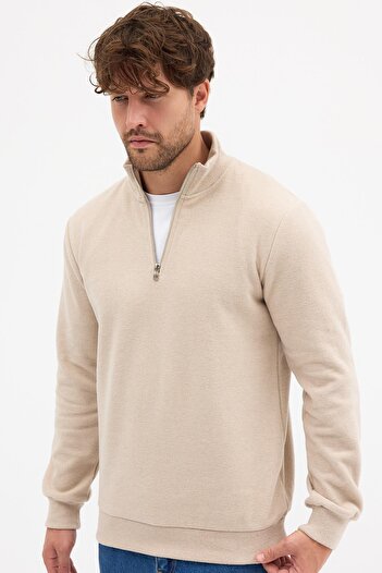 mmetalic Men's Beige Standard Fit Regular Cut Cotton Half Zipper Stand Collar Cotton Sweatshirt