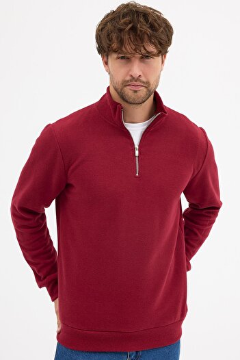 mmetalic Men's Burgundy Standard Fit Regular Cut Cotton Half Zipper Stand Collar Cotton Sweatshirt