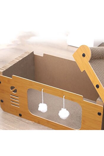 AB Luxury Concept Cat House, Ecological Wood, Equipped with Double Layer Scratching Board and 2 Plush Balls, 2 Floors