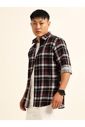 Bushirt By Styli Men Maroon Checked Flannel Shirt
