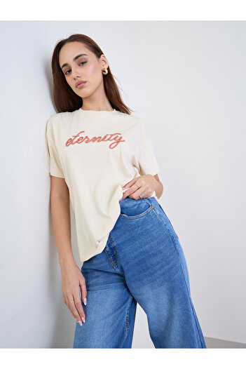 Styli Women Beige Infinity Rope Embroidered Short Sleeve T-Shirt