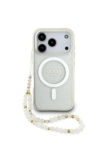 Guess Original iPhone 17 Pro Case IML Glitter with Pearl Strap MagSafe, Transparent