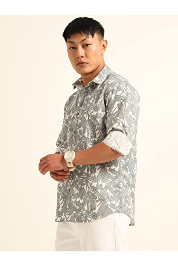 Bushirt By Styli Men Grey All Over Print Spread Collar Shirt