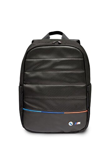 BMW Carbon & Leather Tricolor 15" Backpack – High-Quality Nylon & Synthetic Leather, Black