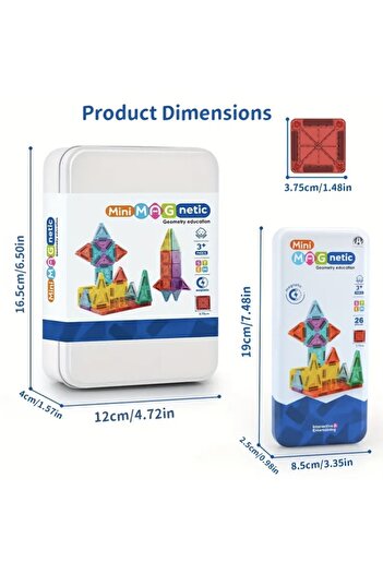 Magnetic Manyetik Yapı Blokları-Çocuklar İçin 3D 26 Parça Zeka Gelişimini Destekleyen 3+Yaş Karo Oyun Seti