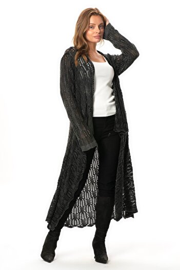 Eliş Şile Bezi Long Sleeve Sena Asymmetric Cut Autumn and Winter Loose Pocket Knitwear Cardigan Smoked Fm