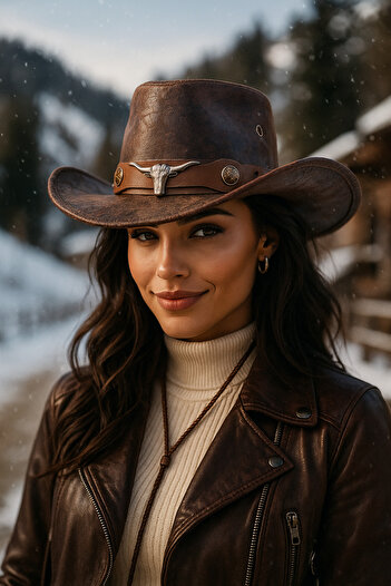 Luminos Butik Bitter Brown Leather Look Cowboy Fedora Hat – Western Style with Silver Bull Figure and Tan Leather Strap