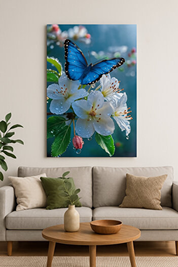BLT DİZAYN Blue Butterfly and White Flowers Glass Painting – Symbol of Peace and Rebirth