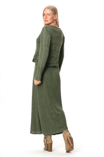 Eliş Şile Bezi Long Sleeve Ahu Authentic Knitted Patterned Winter Long Knitwear Dress Khaki Hk