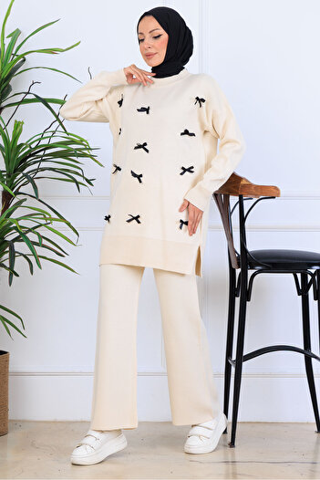 benguen Bow Detailed Knitwear Set S1106 Stone Color