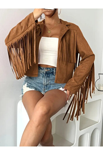 JANES Women's Long Sleeve Collared Short Tassel Suede Jacket