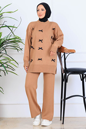 benguen Bow Detailed Knitwear Set S1106 Mink