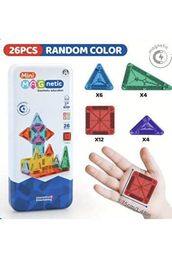 Magnetic Manyetik Yapı Blokları-Çocuklar İçin 3D 26 Parça Zeka Gelişimini Destekleyen 3+Yaş Karo Oyun Seti