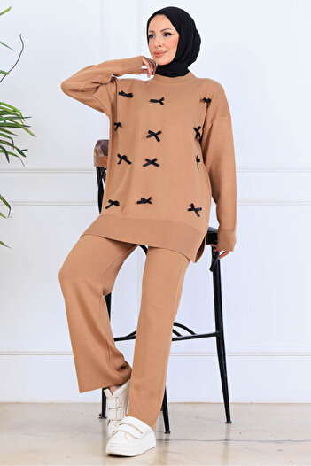 benguen Bow Detailed Knitwear Set S1106 Mink