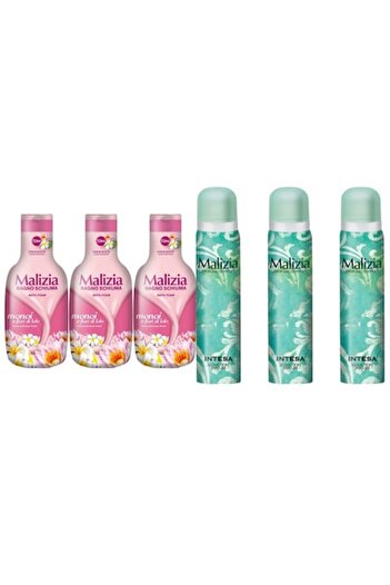 Malizia Set 6 pcs – 3x Bath Foam 1L Fiori di Loto + 3x Deodorant 100ml Intesa (48h)