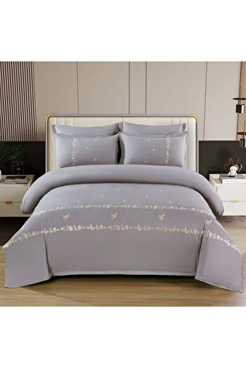 Comfy 6Pc Plush Cotton Luxurious Embroidery King Size Grey Floral Comforter Set